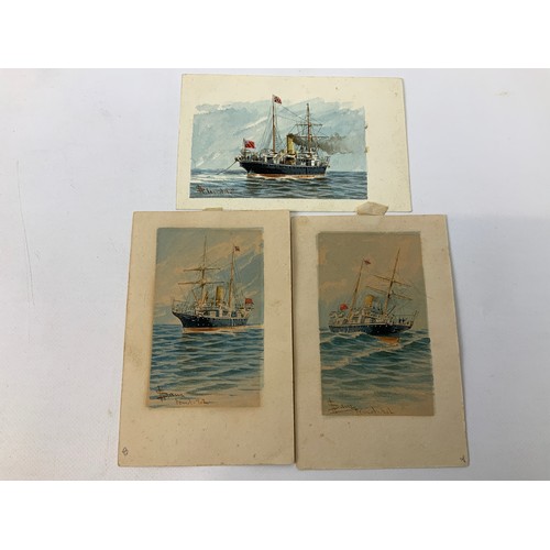 149 - 3x Detailed Miniature Watercolour Paintings of a British Ship - Painted on Postcards by Spanish Arti... 