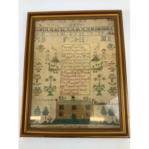 574 - Good Quality Dated Sampler (Date Partially Obscured by Frame) Janet Stewart Robert Legat - 41cm x 31... 