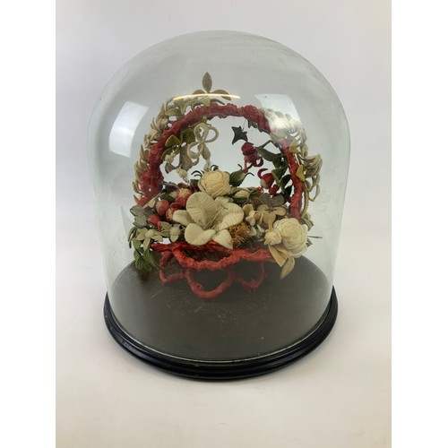 11 - Victorian Glass Dome Complete with Original Woven and Crochet Flower Arrangement with Red Wax Stems ... 