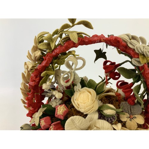 11 - Victorian Glass Dome Complete with Original Woven and Crochet Flower Arrangement with Red Wax Stems ... 