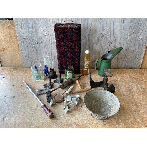 343 - Oil Cans, Metal Hot Water Bottle, Old Bottles and Sieve etc