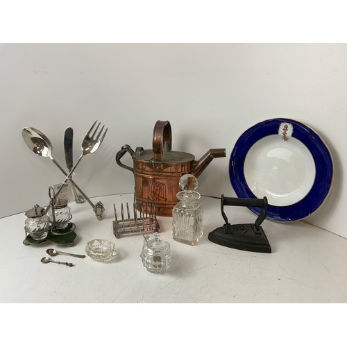 437 - Copper Watering Can, Flat Iron, J. Allsup Plate and Laura Ashley Recipe Book Holder etc