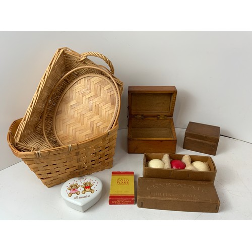 431 - Baskets, Wooden Boxes, Billiard Balls and Wills’s Playing Cards etc