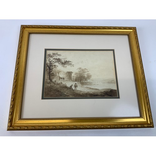 86 - Gilt Frame Brown Ink and Wash - Lime Kilns Pottington, with Barnstaple Bridge in the Background By W... 
