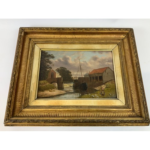87 - Gilt Frame Oil on Board - View of the River Yeo and the Old Bridge at Rolle Quay by Joseph Kennedy –... 