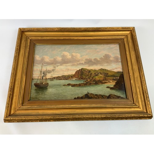 72 - Gilt Frame Oil on Board - View of Ilfracombe with Ships by Joseph Kennedy – Barnstaple Artist (C.183... 