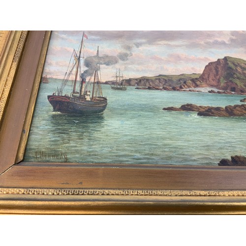 72 - Gilt Frame Oil on Board - View of Ilfracombe with Ships by Joseph Kennedy – Barnstaple Artist (C.183... 