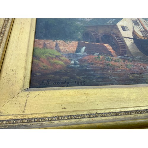 95 - Gilt Frame Oil on Board - Town Mill with a Ship, Barnstaple by Joseph Kennedy – Barnstaple Artist (C... 