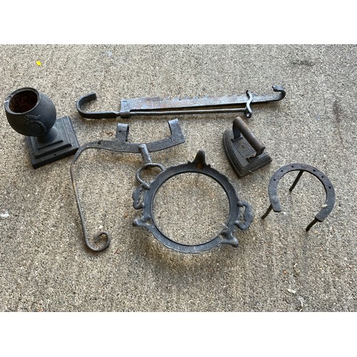 25 - Cast Iron Chimney Crooks and Horse Shoe Trivet etc