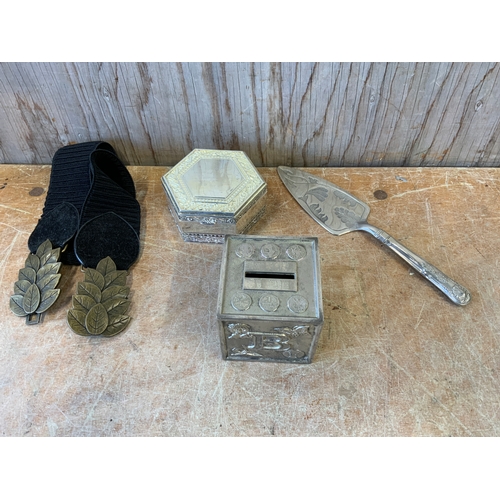 343 - Silver Plated Money Box and Belt etc