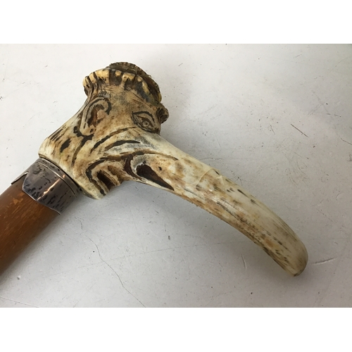 394 - Ally Sloper Antler Drinkers Walking Cane with Concealed Glass Bottle