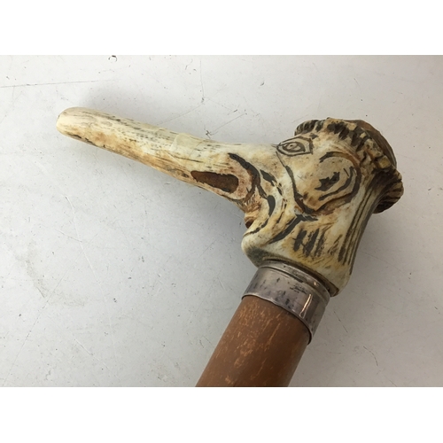 394 - Ally Sloper Antler Drinkers Walking Cane with Concealed Glass Bottle