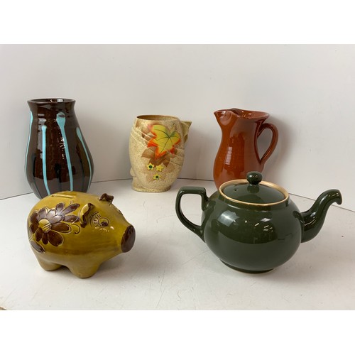 337 - 3x Pottery Vases, Piggy Bank and Denby Teapot