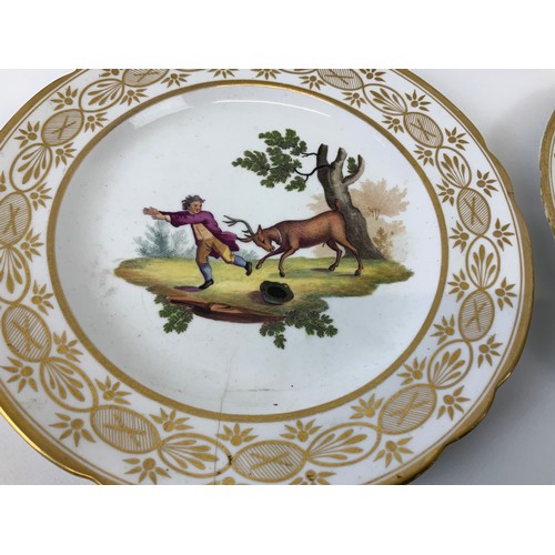 663 - Pair of Plates Depicting Hand Painted Country Sports/Hunting Scenes - Possibly Dresden - 220mm Diame... 