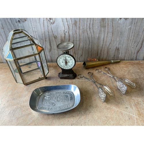 226 - Glass Lampshade, Tongs and Scales etc