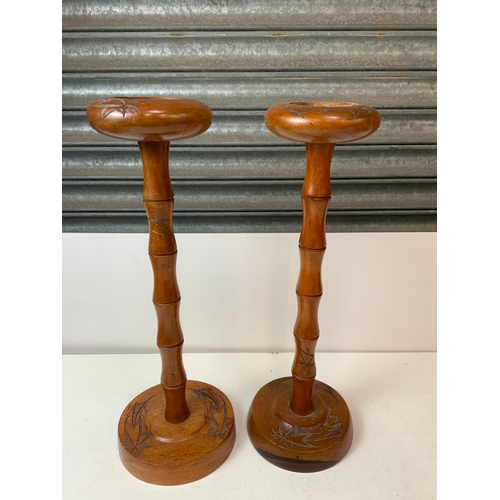 193 - 2x Vintage Carved Treen Floor Ashtrays