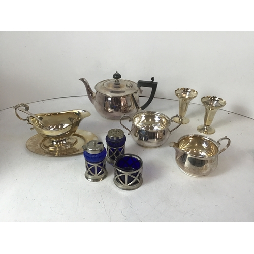 202 - Platedware - Three Piece Teaset, Cruets and Vases etc