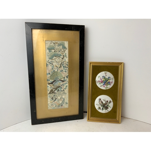 247 - Embroidered Oriental Framed Picture and Framed Limoges Porcelain Birds