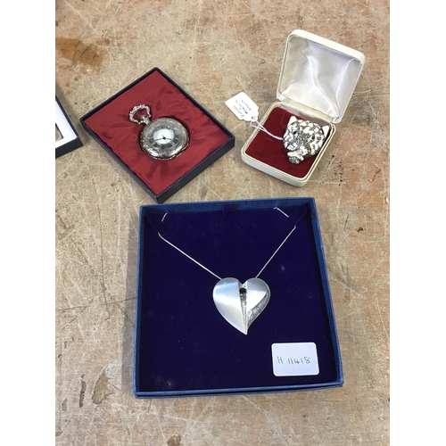 608 - Indulgence Heart Pendant and Chain, Enamel and Marcasite Leopard Head Brooch and Boxed Pocket Watch