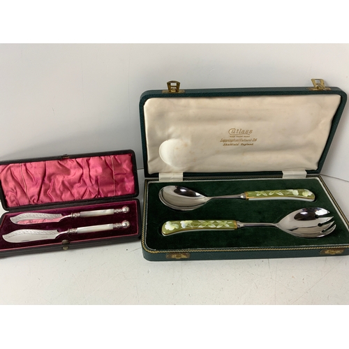 618 - Cased Set of Cutlass Servers with Coalport Porcelain Handles and Cased Pair of James Dixon Butter Kn... 