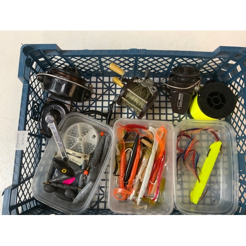 103 - Tray of Fishing Gear - 2x Centrepin Reels, Spool of Line, Weights and Lures etc