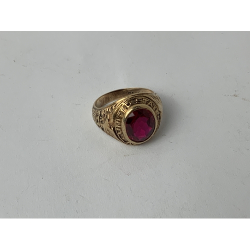 515 - United States Navy Class Ring - Red Stone - Marked 10K - Size Q - 6.64gms