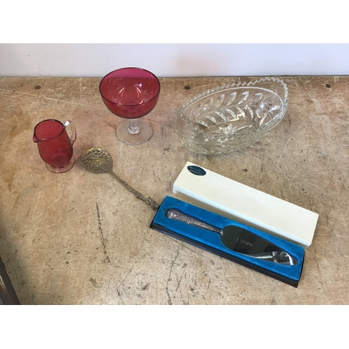 689 - Silver Handled Cake Slice and Cranberry Glass etc