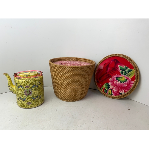 678 - Oriental Hand Decorated Teapot in Original Wicker Basket Mark to Base - 20cm High