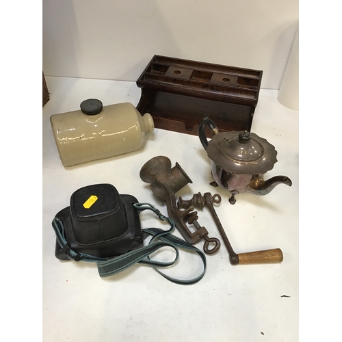 805 - Vintage Desk Tidy, Mincer and Stoneware Hot Water Bottle etc