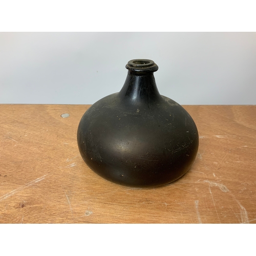 2 - Black Glass Onion Bottle - C 1715 - 13cm High - Repair to Top