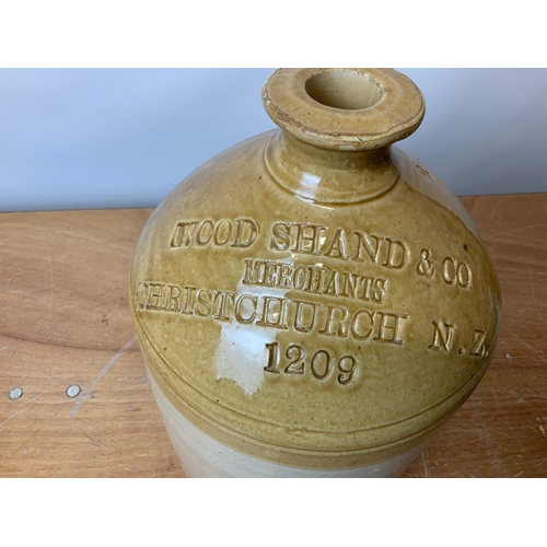 12 - New Zealand Wine and Spirits Flagon - Wood Shand and Co Merchants, Christchurch NZ