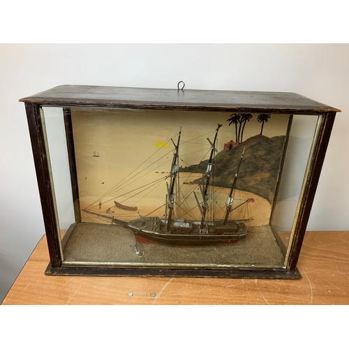 77 - Good Quality Victorian British Ship Diorama with Folk Art Tropical Watercolour Backdrop - 78cm x 27c... 