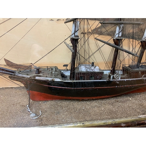 77 - Good Quality Victorian British Ship Diorama with Folk Art Tropical Watercolour Backdrop - 78cm x 27c... 