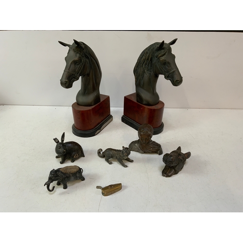 741 - Pair of Horse Head Figures, Elephant Pin Cushion and Yellow Metal Vesta Case in the Shape of a Coffi... 