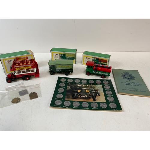 744 - 3x Corgi Model Vehicles, Set of Historic Car Coins and Colliery Checks etc