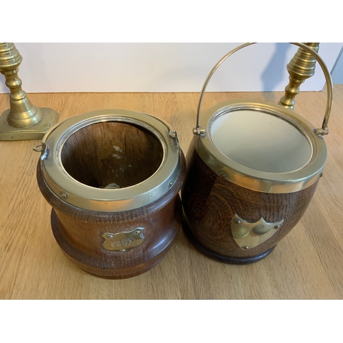 181 - Brass Candlesticks and 2x Biscuit Barrels