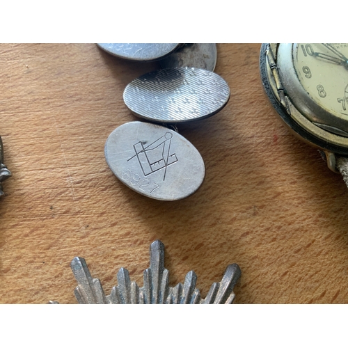 685 - Masonic Silver Cuff Links and Watch etc