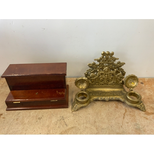 497 - Brass Ink Stand and Desk Tidy