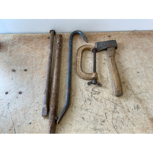 38 - Clamp, Axe and Pry Bars etc