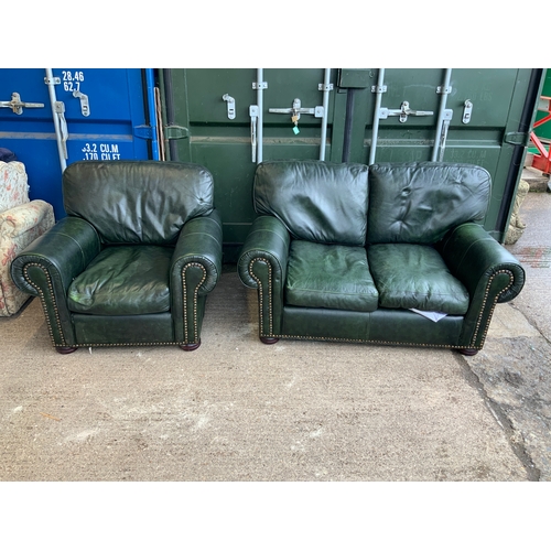 169 - Green Leather Settee and Armchair