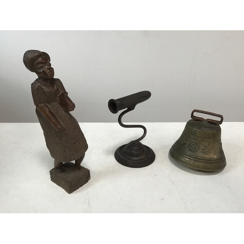 696 - Goffering Iron, Antique Swiss Cowbell and Tribal Figure