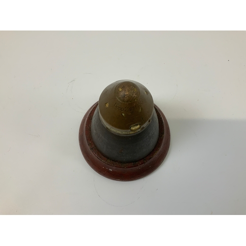 697 - WWII German Brass Shell Head on Wooden Mount - Marked Dopp Z - Width at Base 16cm - Overall Height 1... 