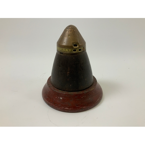 697 - WWII German Brass Shell Head on Wooden Mount - Marked Dopp Z - Width at Base 16cm - Overall Height 1... 