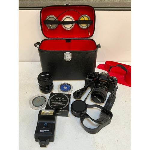 627 - SLR Miranda Camera with Lenses, Filters and Flash etc in Fitted Case