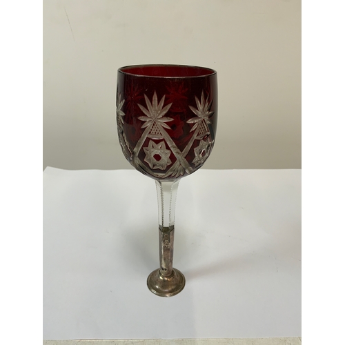 643 - Cut Glass Ruby Red Wine Glass on Silver Stem - Chester 1944