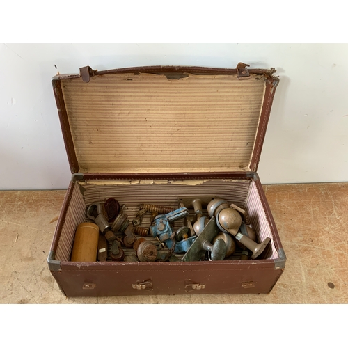 876 - Old Leather Suitcase and Contents - Castors