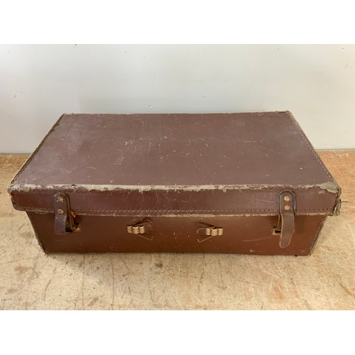 876 - Old Leather Suitcase and Contents - Castors