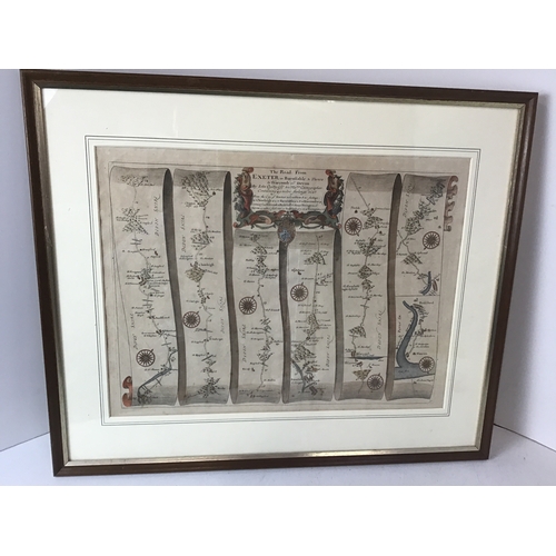 278 - Framed Road Map Exeter to Barnstaple - By John Ogilby