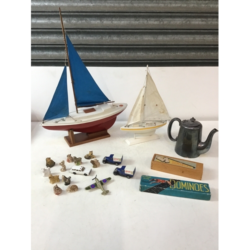 357 - Wade Whimsies, Coffee Pot Marked Golden Bay Hotel Westward Ho!, Vintage Domino’s and Sail Boats