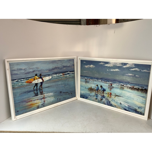 552A - 2x John Henderson Pictures - Oil Mixed Media - Sand Castles and Surfers